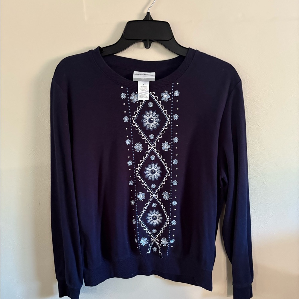 Alfred Dunner Dark Blue Floral Embroidered Top